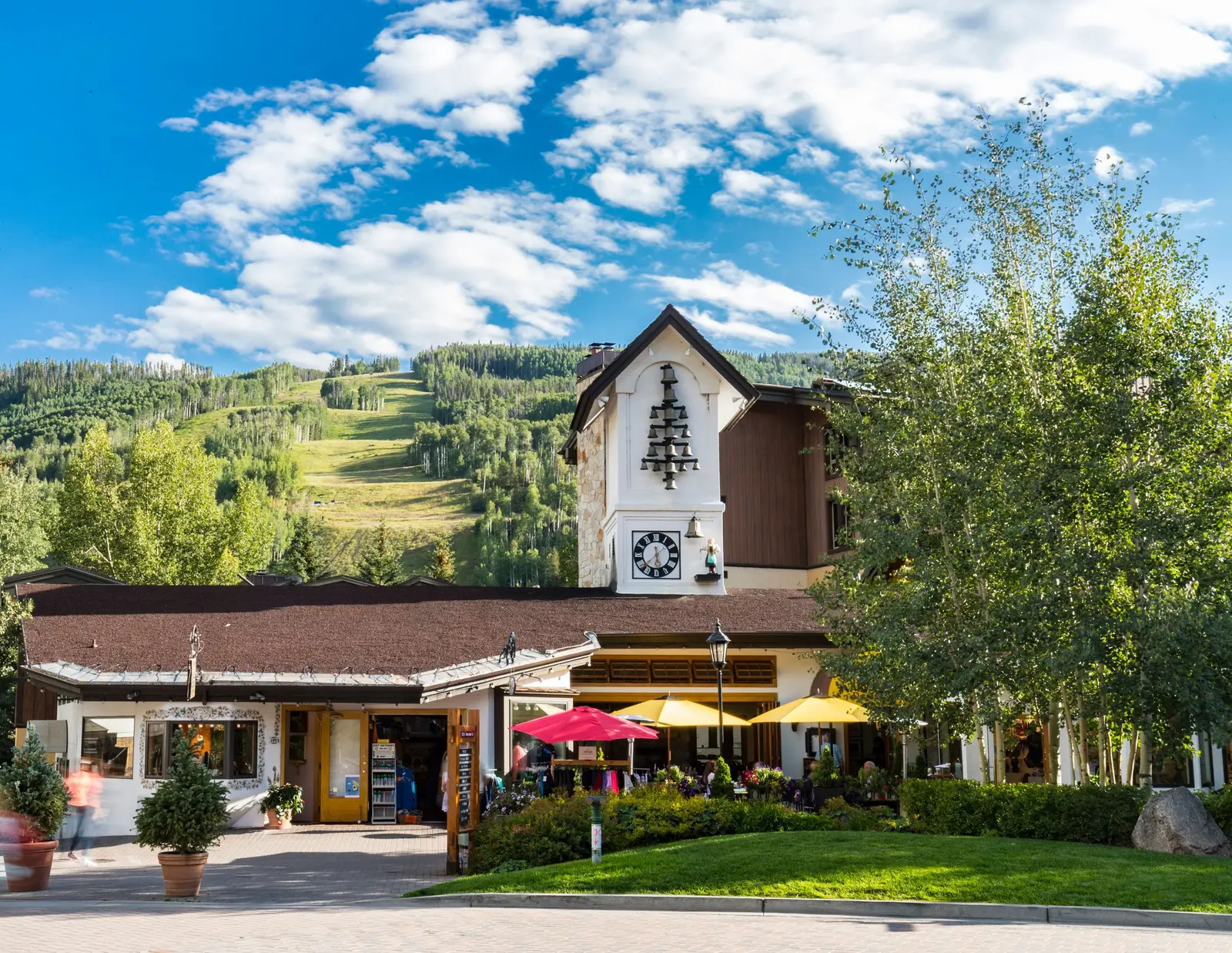 Vail Village clock tower and shops on a summer day
